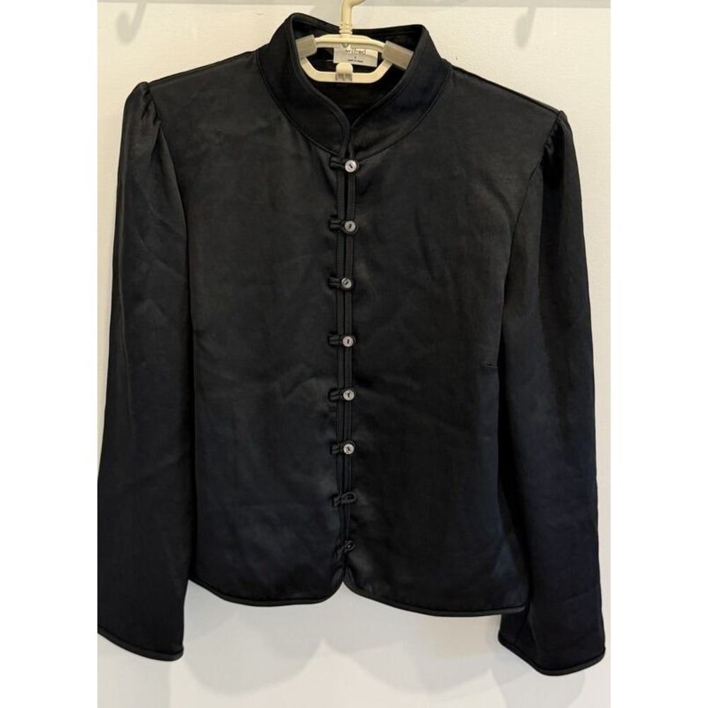 Aritzia Wilfred Black Mandarin Stand Collar Black Loop Buttons Long Sleeve Top S